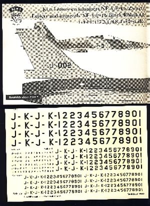 Image not found :Letters en Nummers KLu Zwart 10,4 - 15 - 23,4 for NF-5, F-16 1:144, 1:72, 1:48 and 1:32 scale