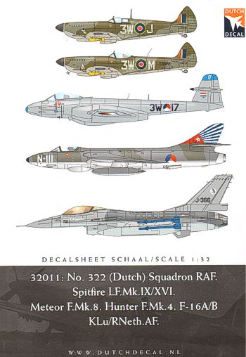 Image not found :No. 322 sqn. Spitfire (WWII two versions), Meteor, Hunter (Papoeaflag on tail), and F-16