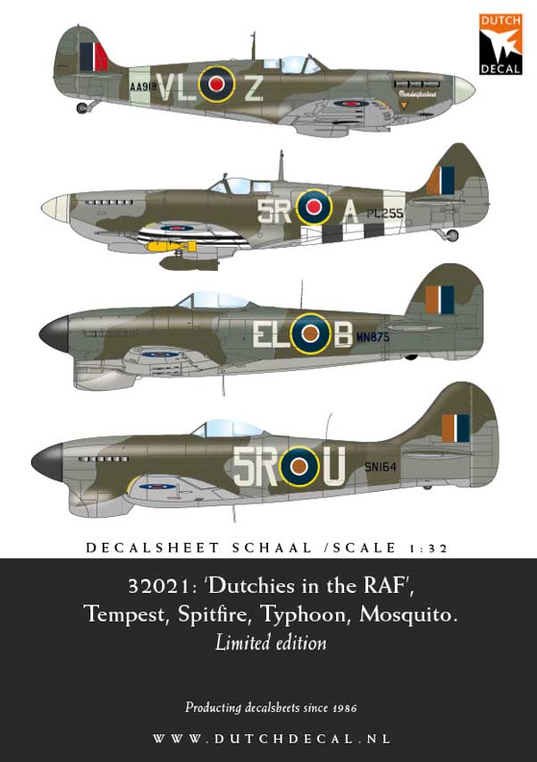 Image not found :Dutchies in the RAF. Tempest (Linzel Wansink), Typhoon (van Zinnicq Bergmann), Spitfire (Linzel 322 Sqn.), Mosquito (van Amsterdam). no national marki