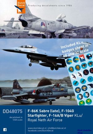 Image not found :F-86K Sabre (late), F-104G Starfighter, F-16A/B Viper KLu. Including badges sheet in 1/48 and 1/32 scale !!