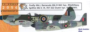 Image not found :Firefly Mk.I 860 RNethNavy (Britsh Markings), Barracuda 860 sqn, Spitfire Mk.V '3W'-code 322 sqn