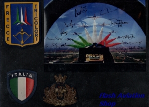Image not found :Frecce Tricolori frame with three badges and a picture with signatures of the pilotes from 2004